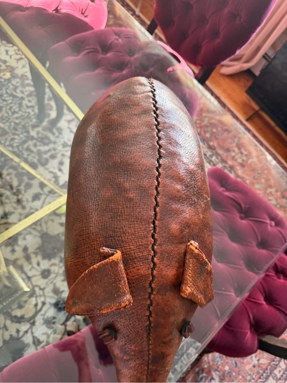 Vintage-Style Brown Leather Pig Accent - Home Dining Decor